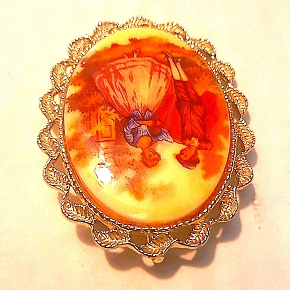 Brooch Pendant Vintage Victorian Fragonard Porcelain Cabachon Silver Heirloom - Picture 3 of 5